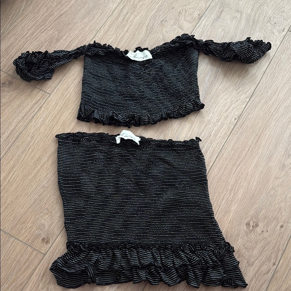 Black and White Striped Off-Shoulder Top and Skirt Set